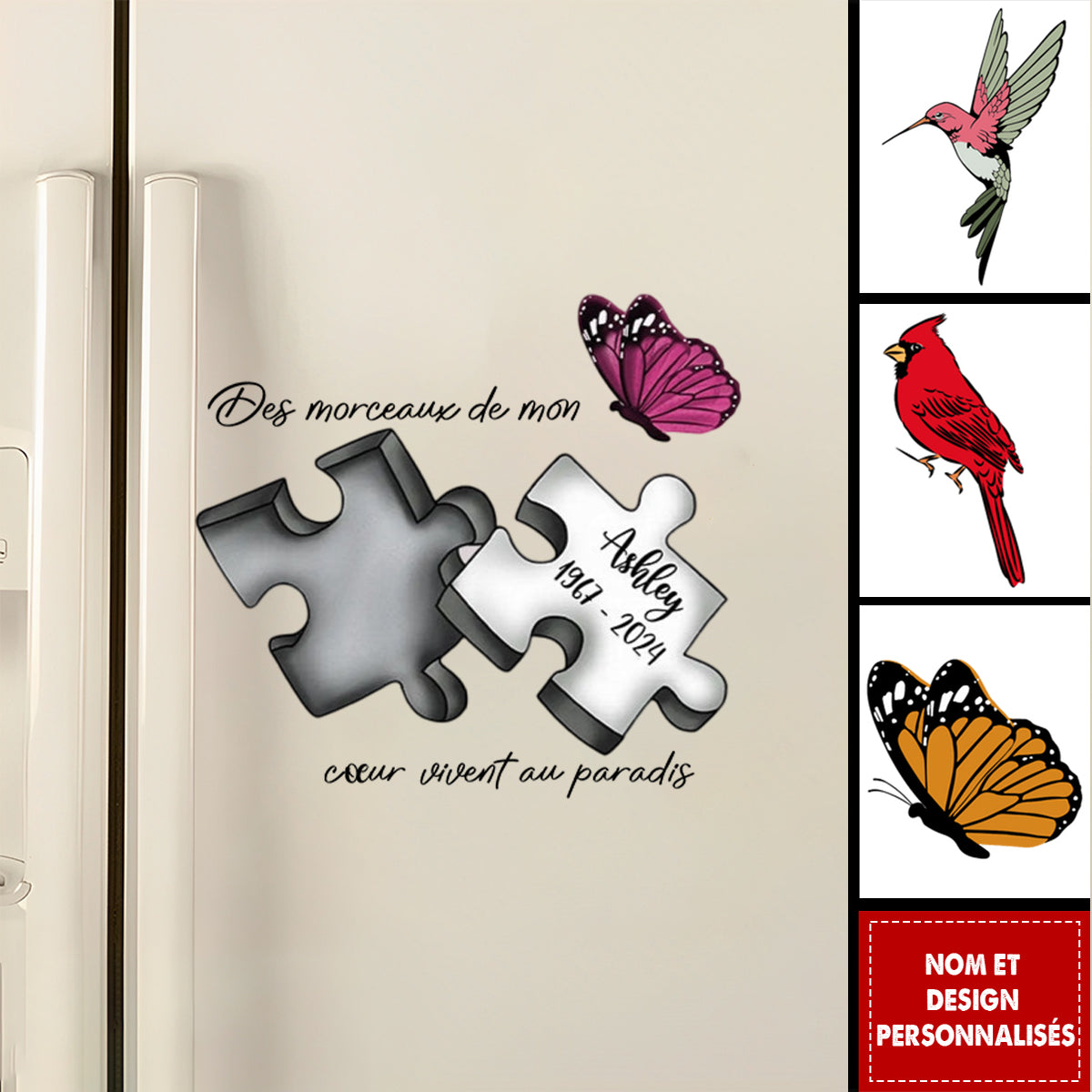 Autocollant Mémoriel Personnalisé avec Papillon, Libellule et Plume du Paradis