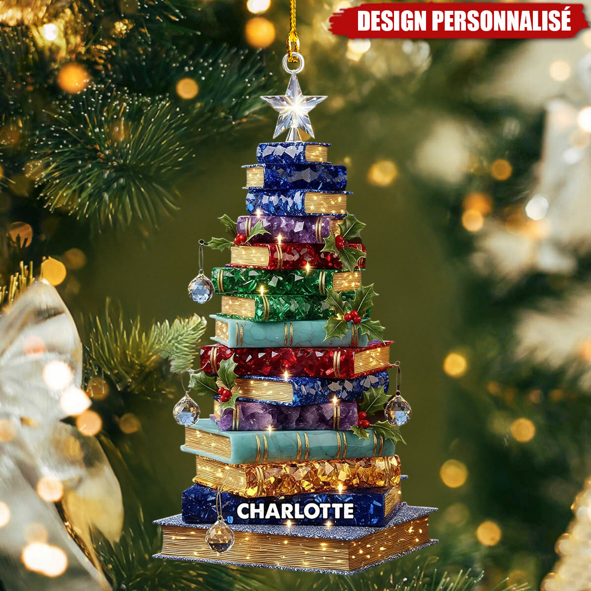 Ornement de Noël Personnalisée en Forme de Sapin de Livres - Cadeau pour Amateur de Lecture