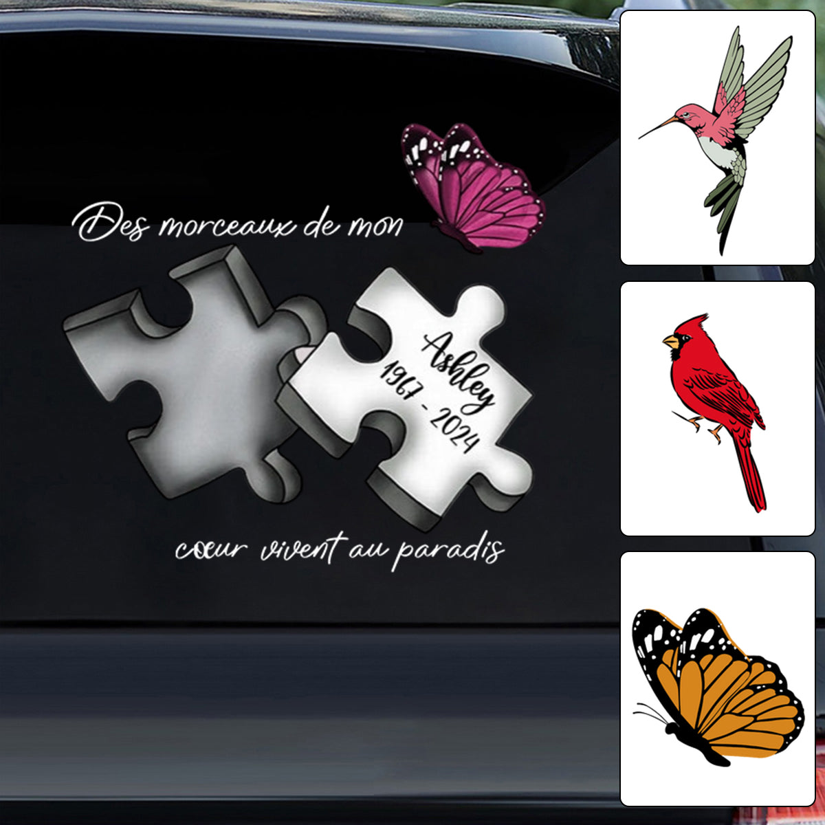 Autocollant Commémoratif Personnalisé pour Voiture – Pièce de Puzzle avec Nom, Dates et Papillon