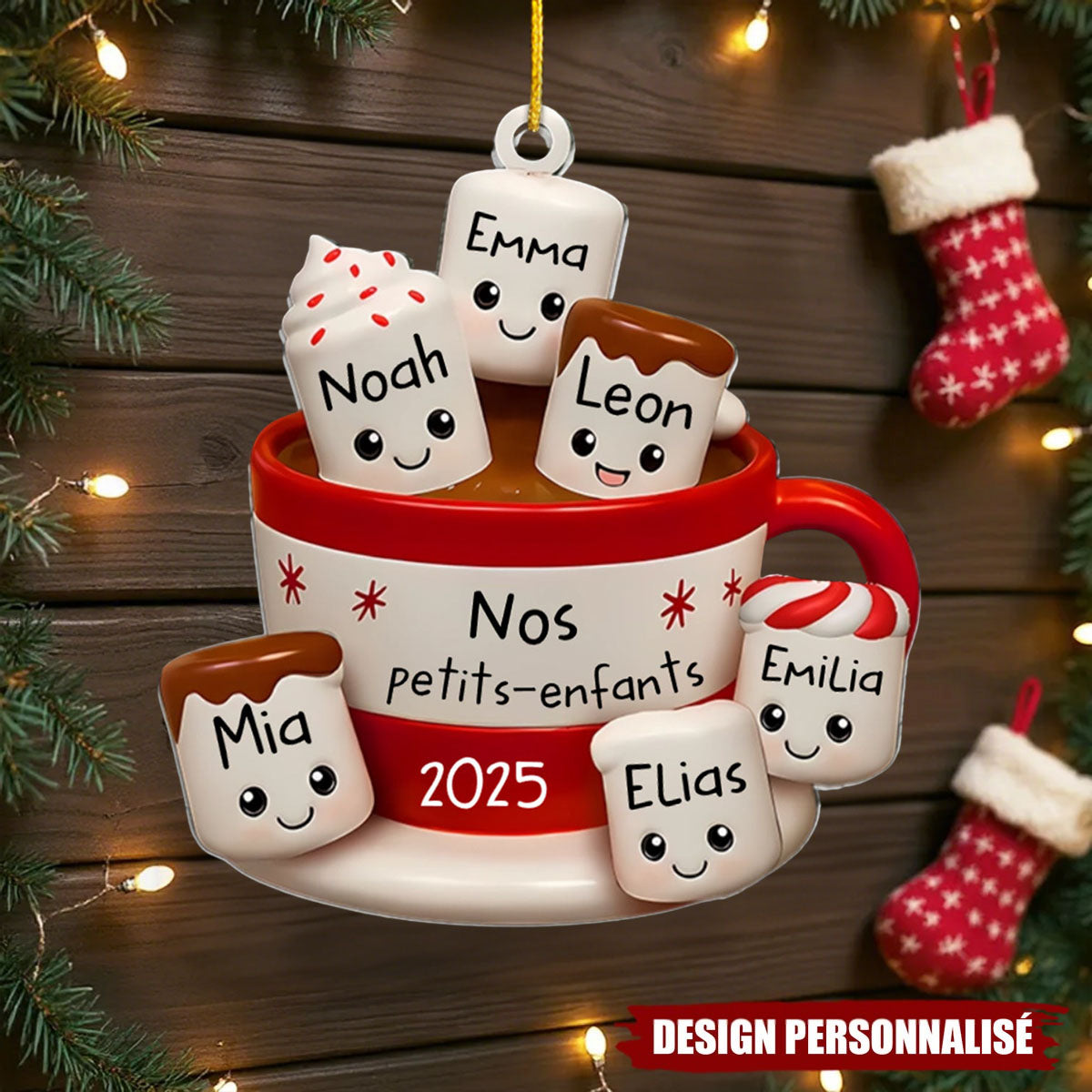 Ornement de Noël en Acrylique Personnalisé – Tasse de Chocolat Chaud avec Prénoms des Petits-Enfants