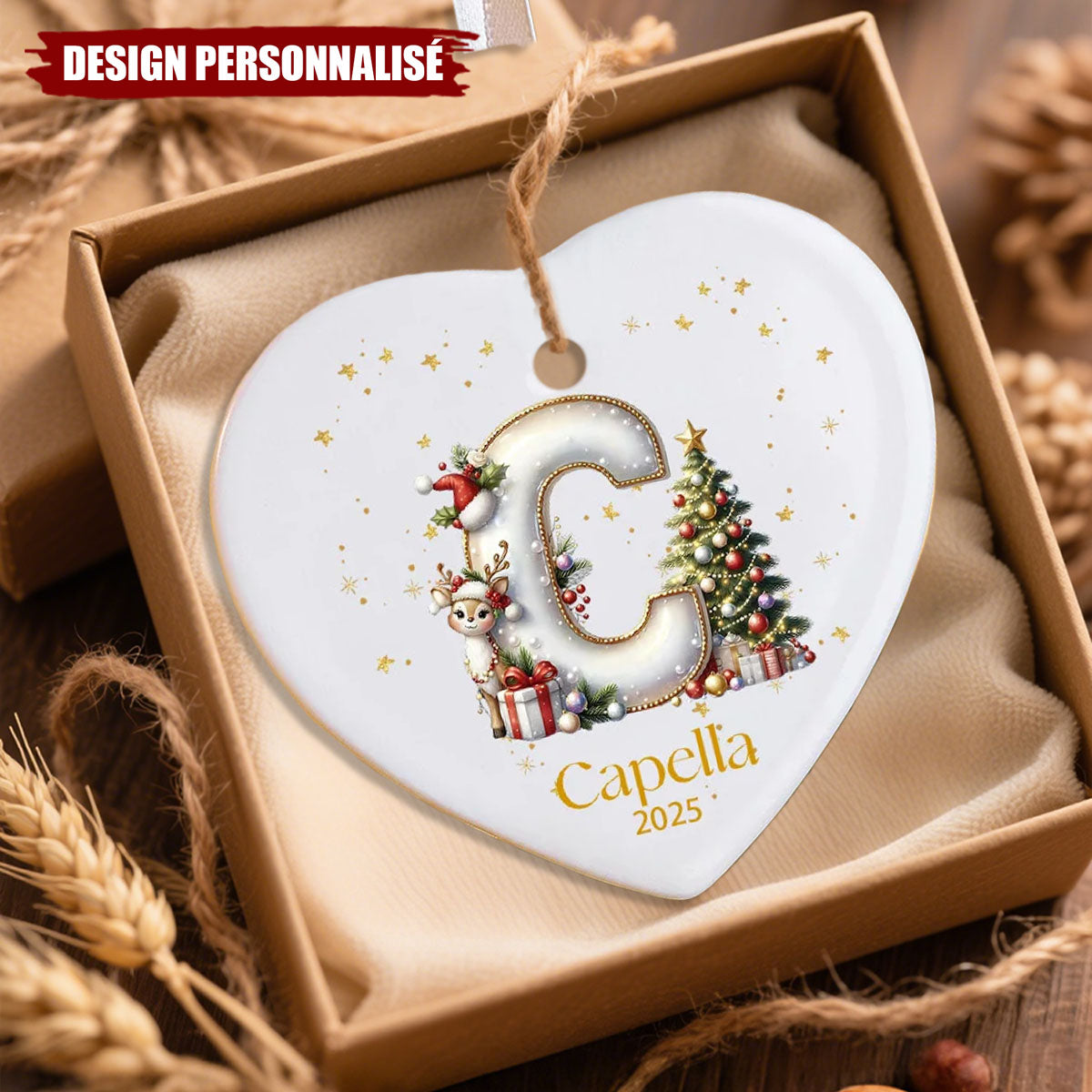 Décoration de Noël Personnalisée avec Initiale – Cerf et Sapin Magiques 2025