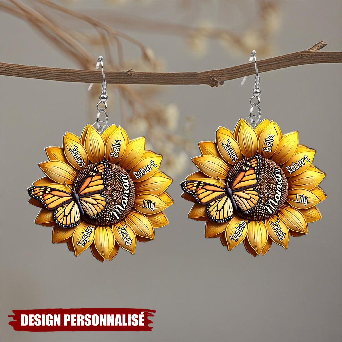 Boucles d’oreilles personnalisées Tournesol – Cadeau Unique pour Maman