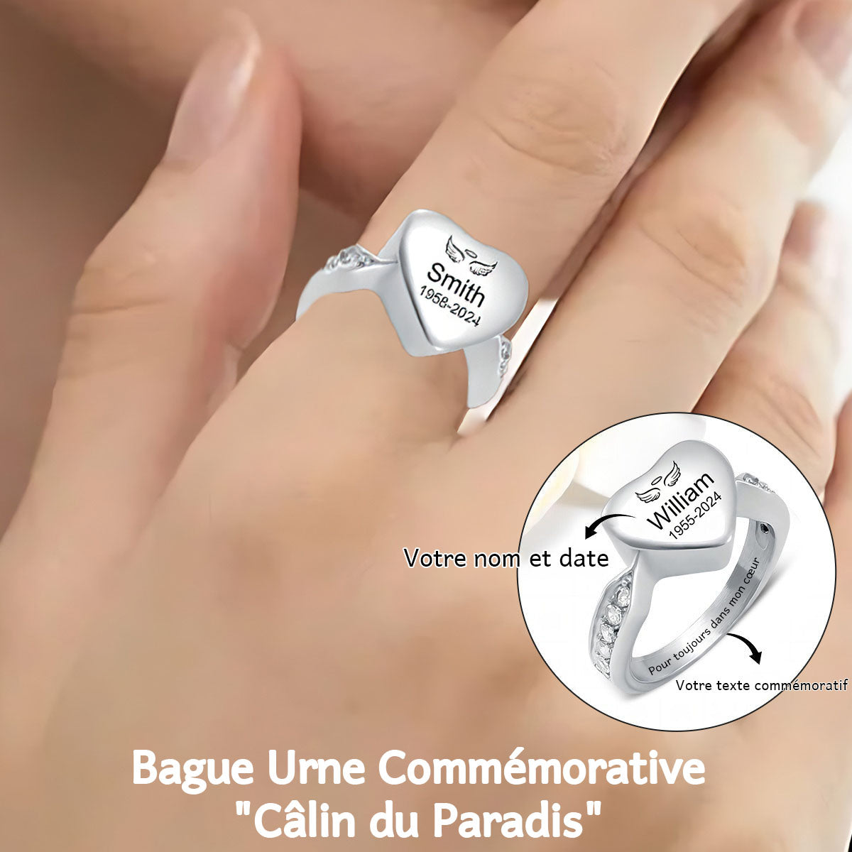 Bague commémorative en acier inoxydable personnalisée avec urne en forme de cœur