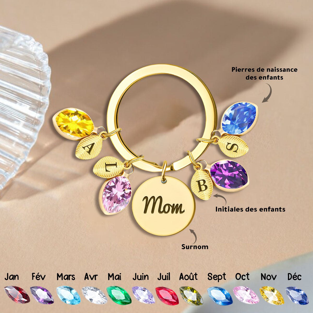 Porte-clés personnalisé pour maman avec pierres de naissance et initiales
