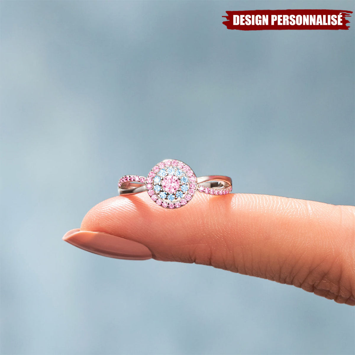 Bague "Maman d’un Ange" – Design Personnalisé avec Pierres Roses et Bleues