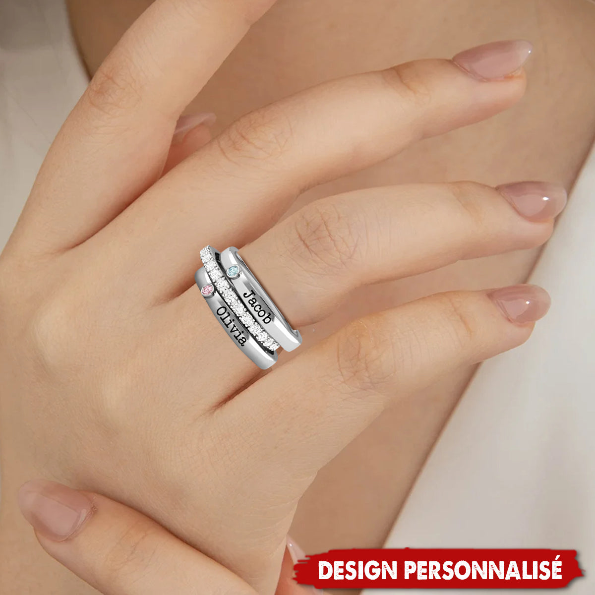 Bague Couple Personnalisée avec Noms et Pierres de Naissance