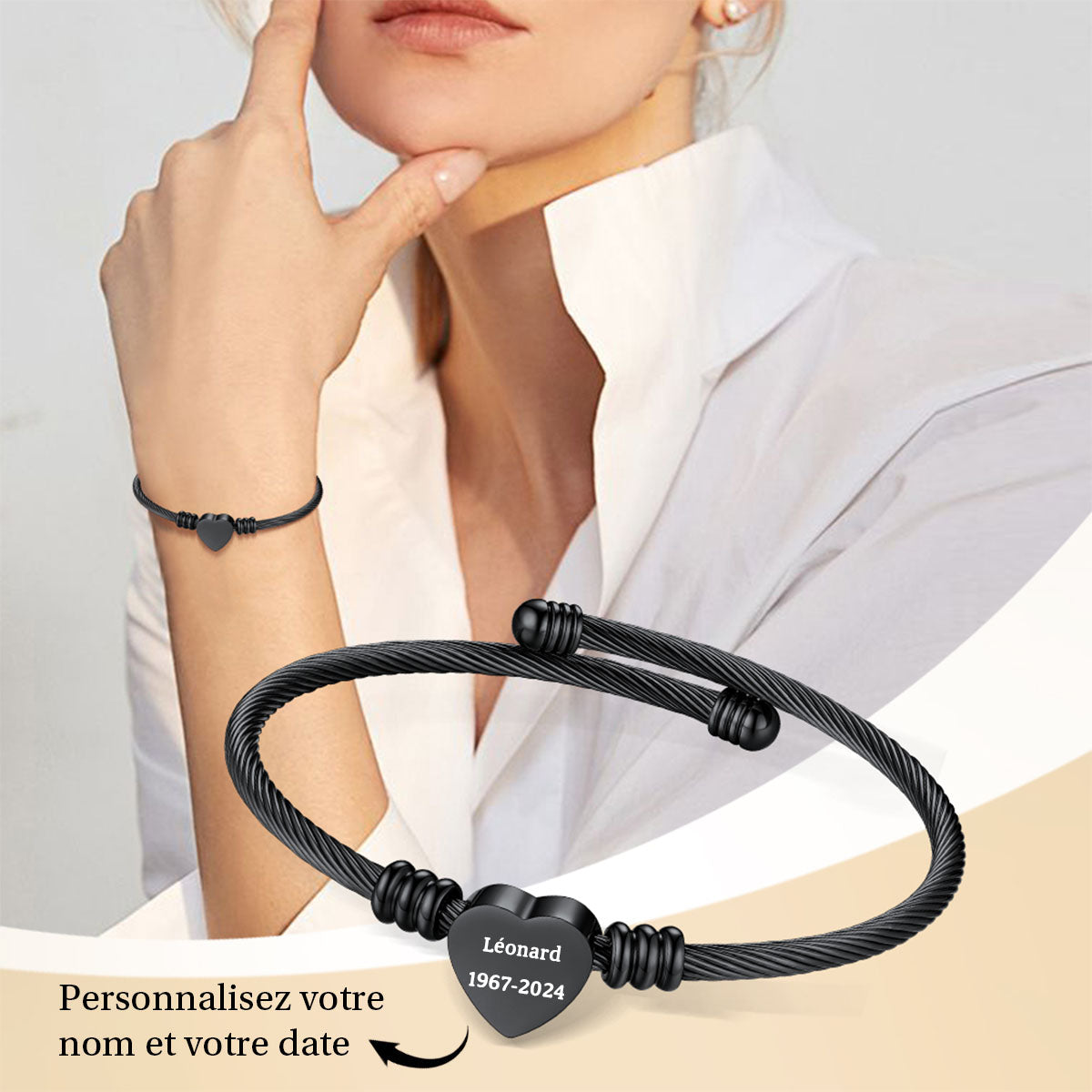 Bracelet commémoratif personnalisé avec nom et date gravés pour femme