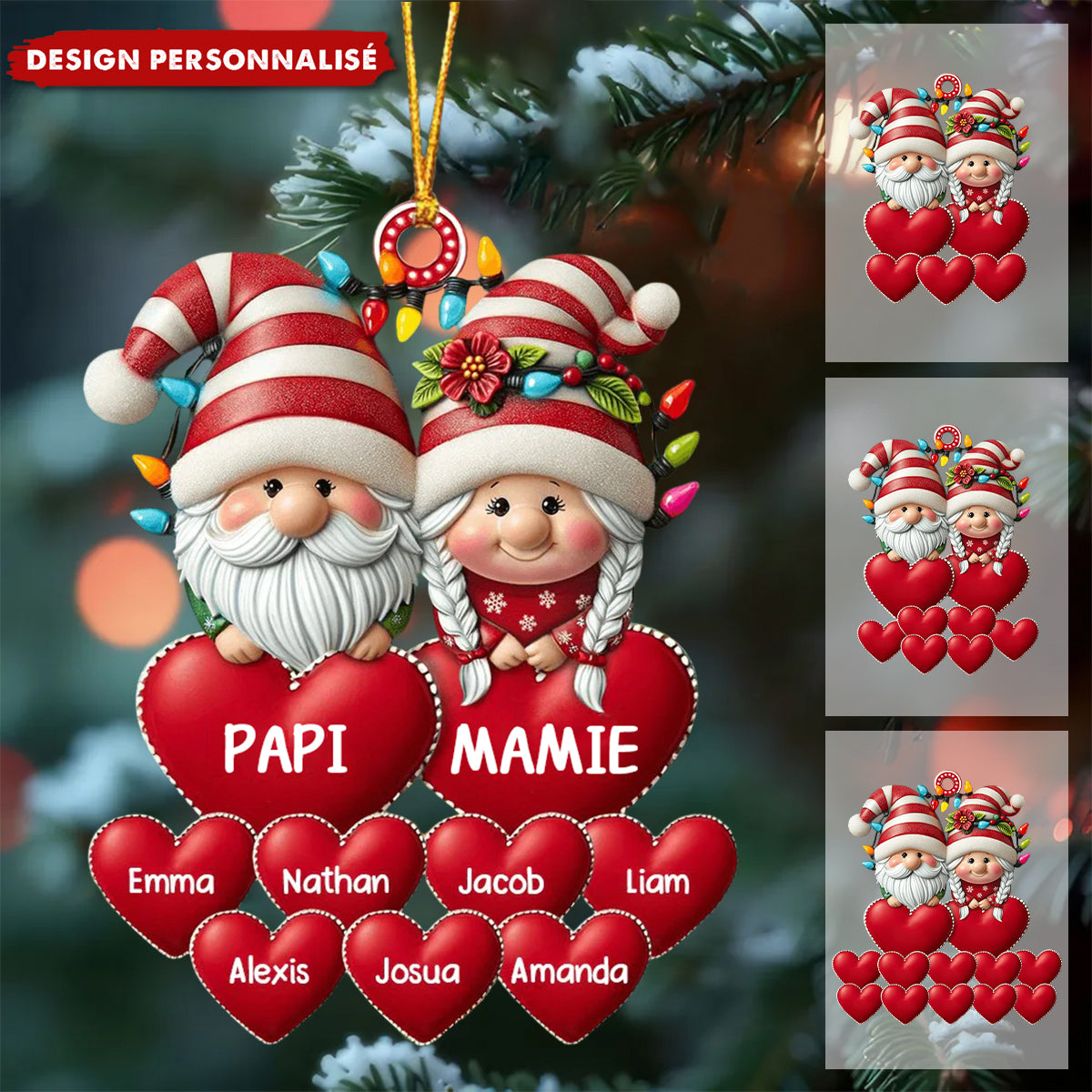 Ornement de Noël Personnalisé Lutins avec Cœurs – Prénoms et Surnoms au Choix