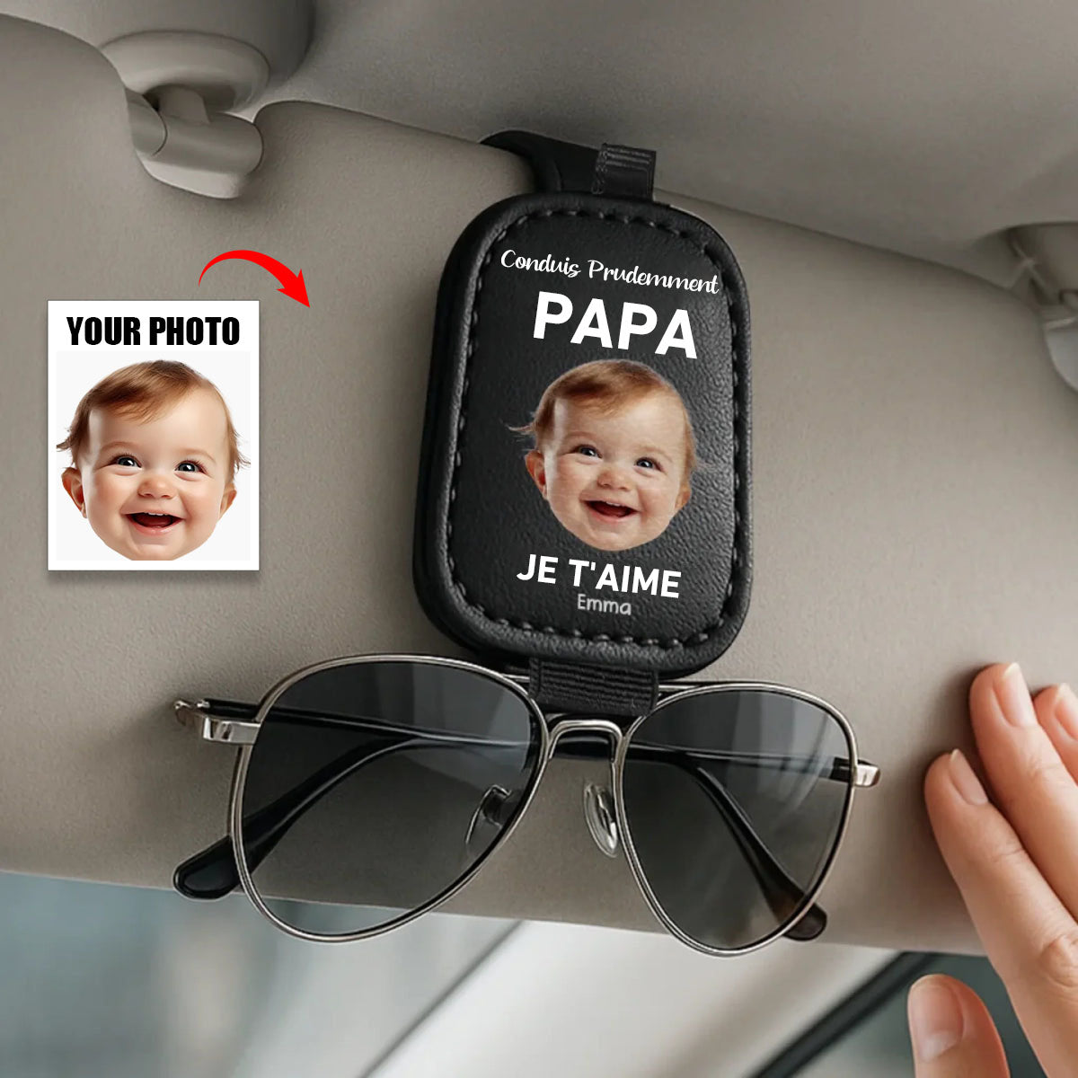 Support de lunettes de voiture personnalisé – Photo, "Conduis prudemment papa, amour éternel" – Cadeau familial personnalisé