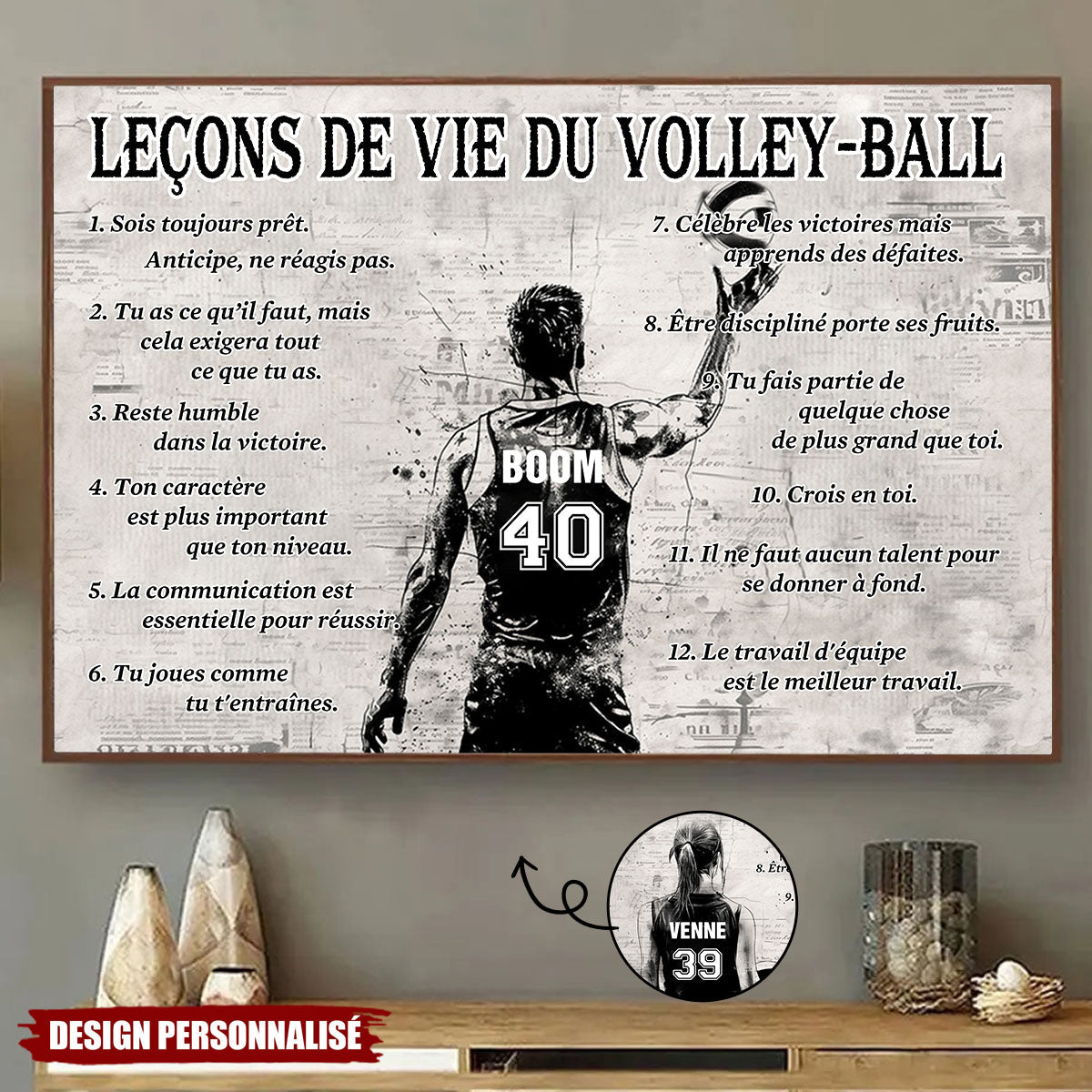 Affiche Personnalisée Leçons de Vie du Volley-ball  – Cadeau pour les Amoureux du Volley-ball
