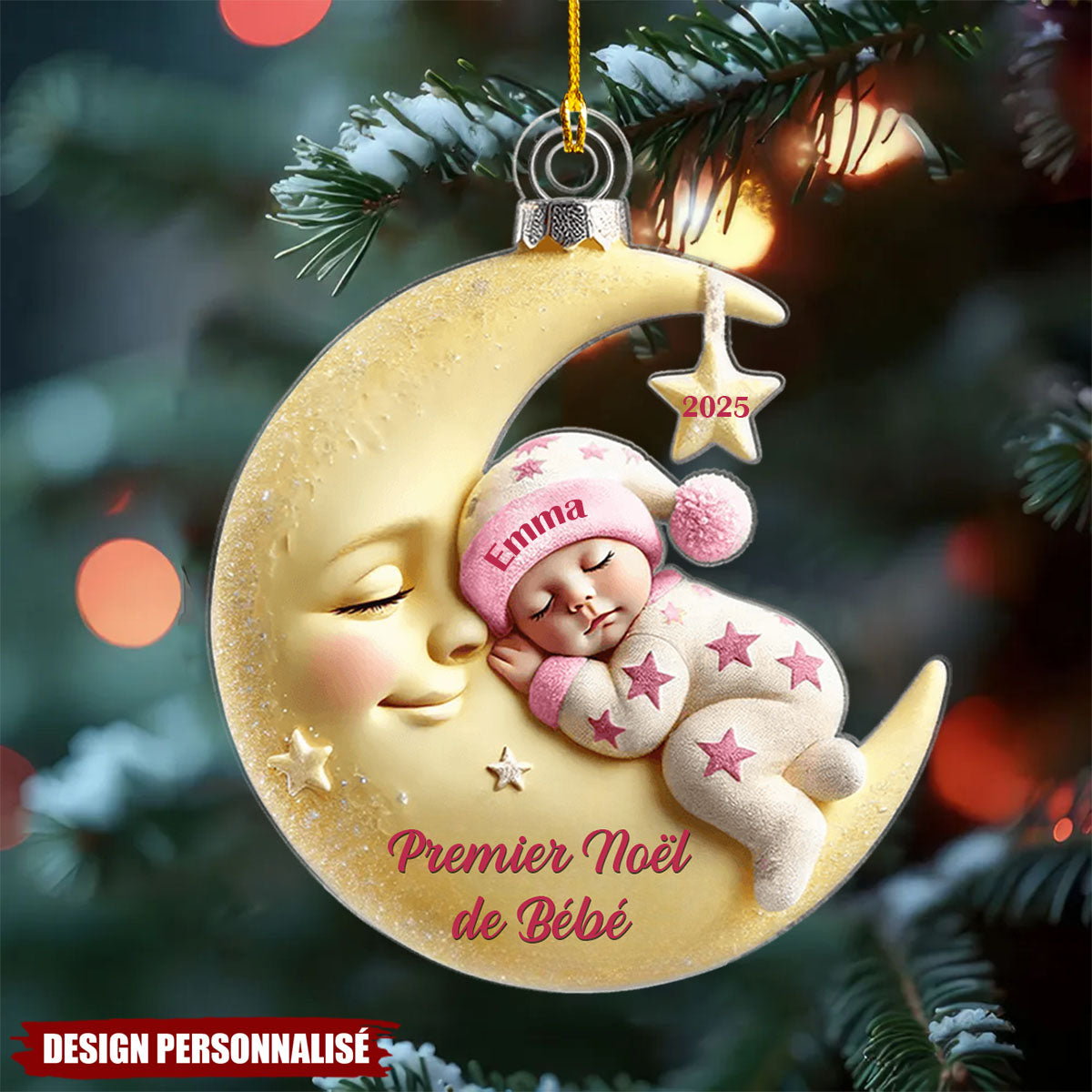 Premier Noël de Bébé – Décoration Personnalisée en Acrylique avec Lune et Bébé Dormant