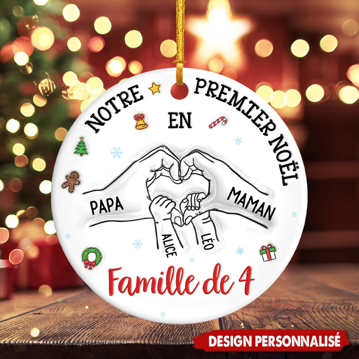 Ornement de Noël en Céramique Personnalisé – Premier Noël en Famille avec Prénoms et Date