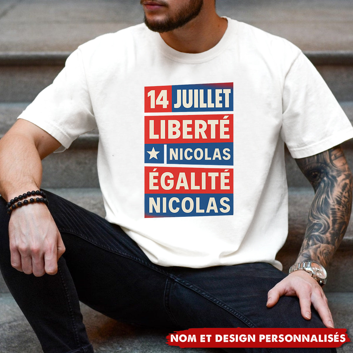 T-shirt Personnalisé 14 Juillet – Liberté, Égalité, Prénom