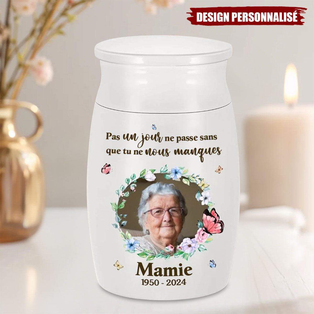 Urne Commémorative Personnalisée avec Photo et Message – En Mémoire d’un Être Cher