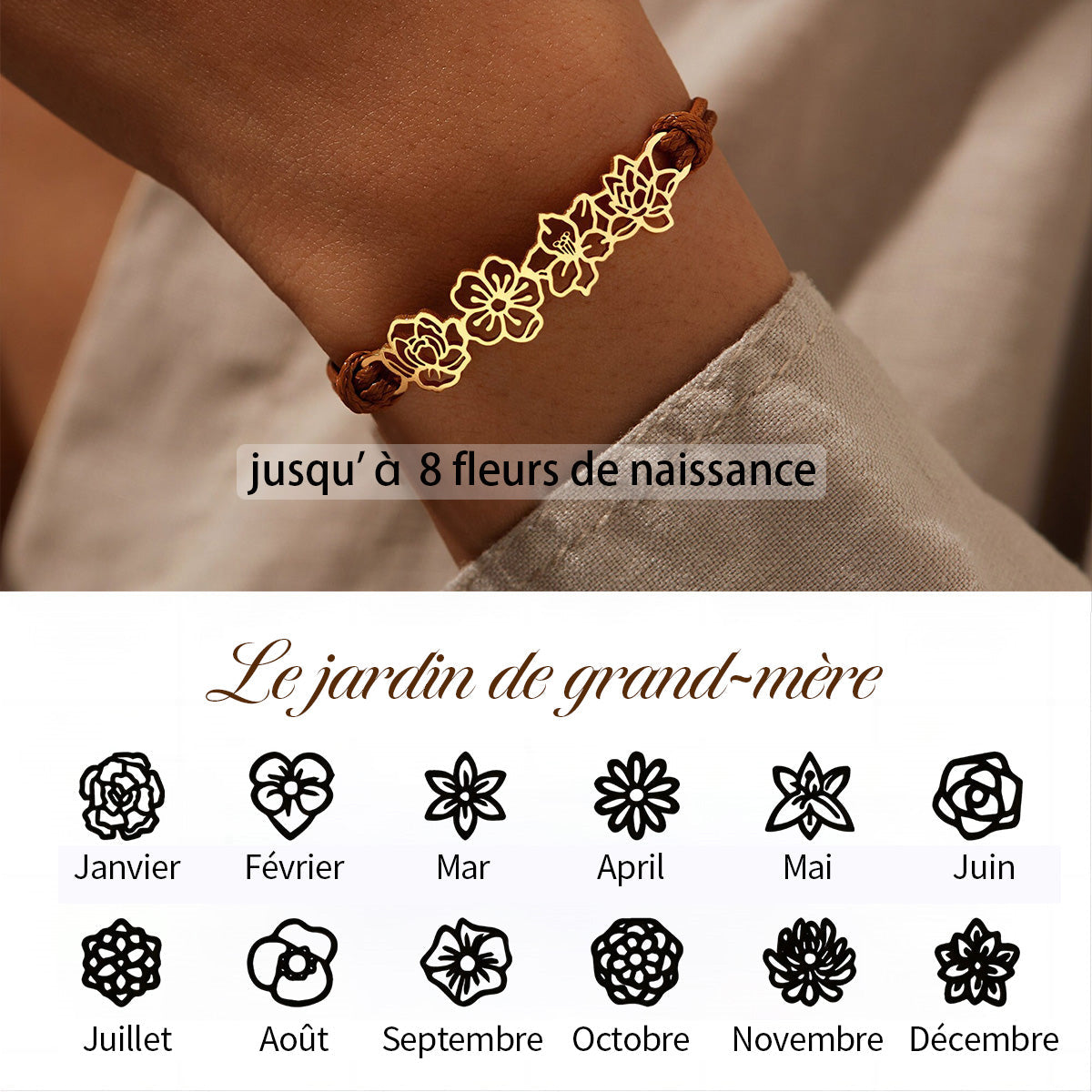 Bracelet personnalisé avec fleurs de naissance pour grand-mère et maman 1 à 8