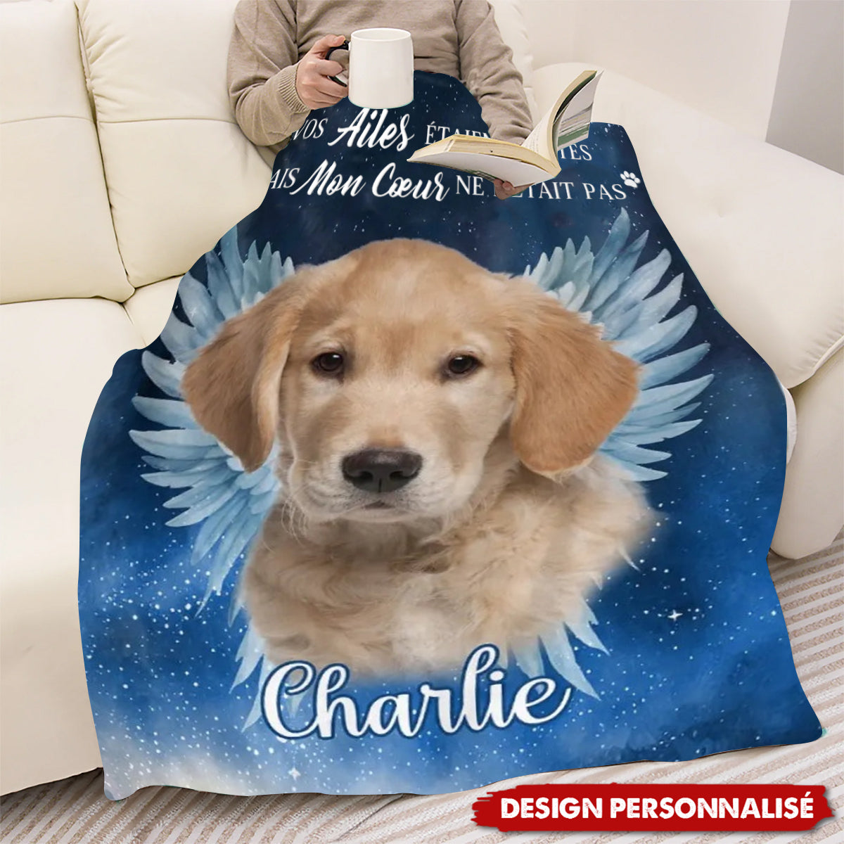 Couverture Personnalisée avec Photo d’Animal – Hommage Émotionnel avec Ailes d’Ange et Prénom