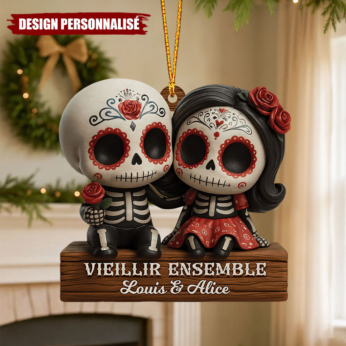 Ornement Couple Calavera Personnalisé  – Cadeau avec Noms et Année