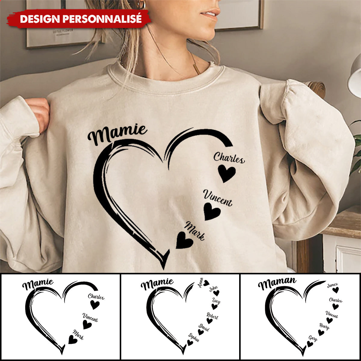 Sweat-shirt Personnalisé avec Cœur et Prénoms – Cadeau Unique pour Mamie