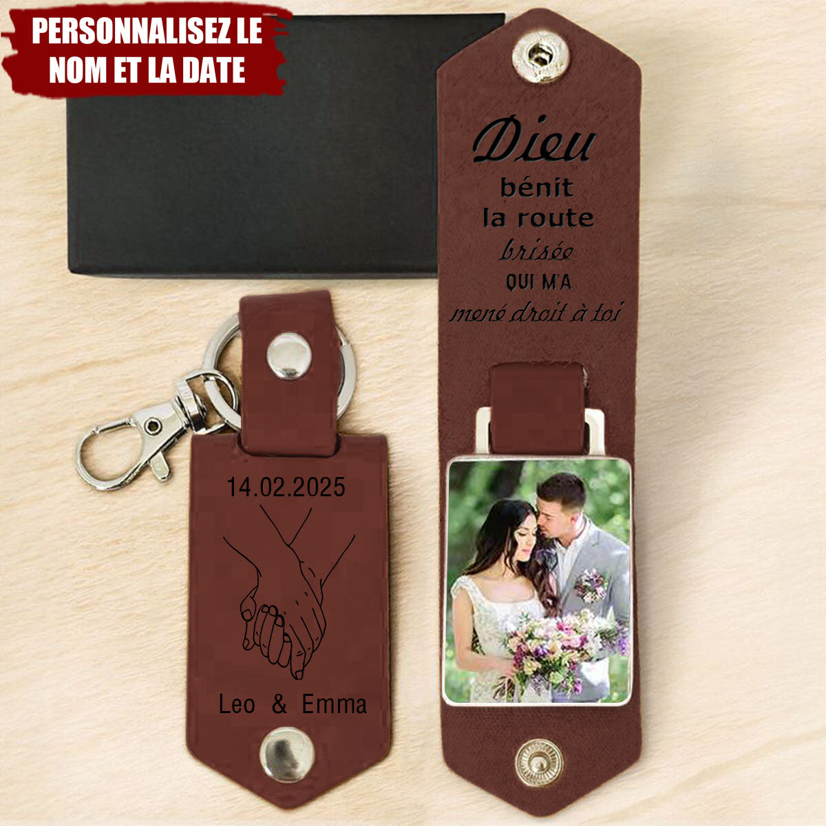 Porte-clés Personnalisé en Cuir avec Photo et Prénoms – Cadeau Romantique pour Couple