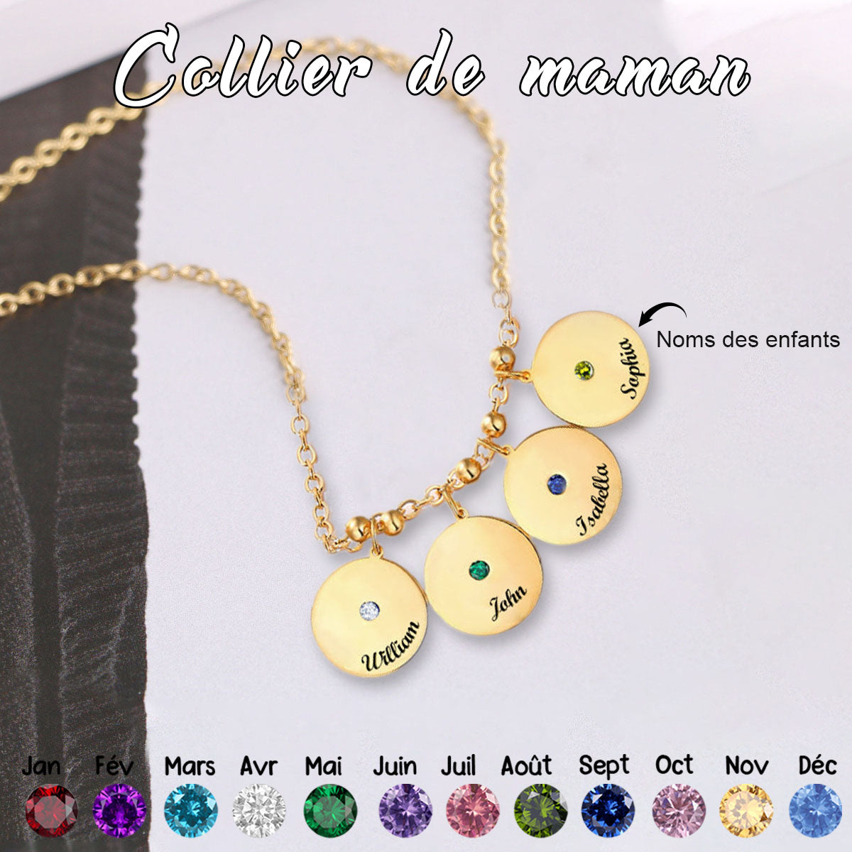 Collier Personnalisé avec Nom Gravé et Pierre de Naissance – Cadeau pour la Fête des Mères