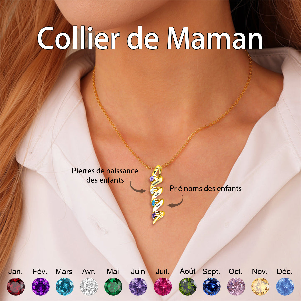 Collier Personnalisé avec Noms de Famille et Pierres de Naissance – Cadeau pour Maman ou Grand-mère