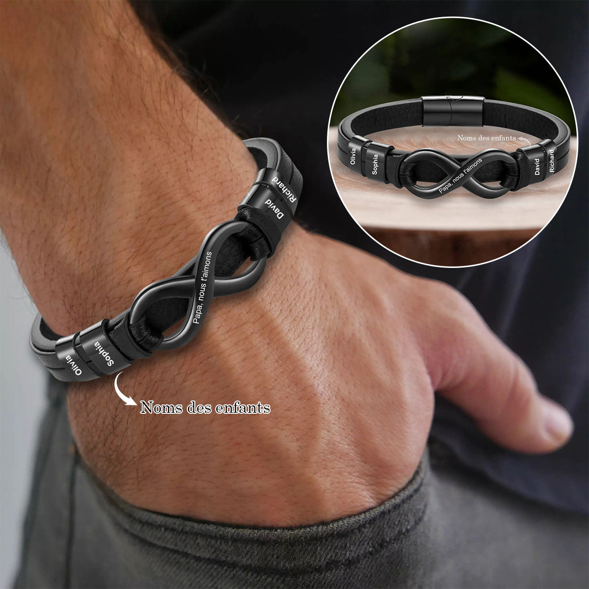Bracelet Infini Personnalisé pour Papa – Avec Noms des Enfants Gravés