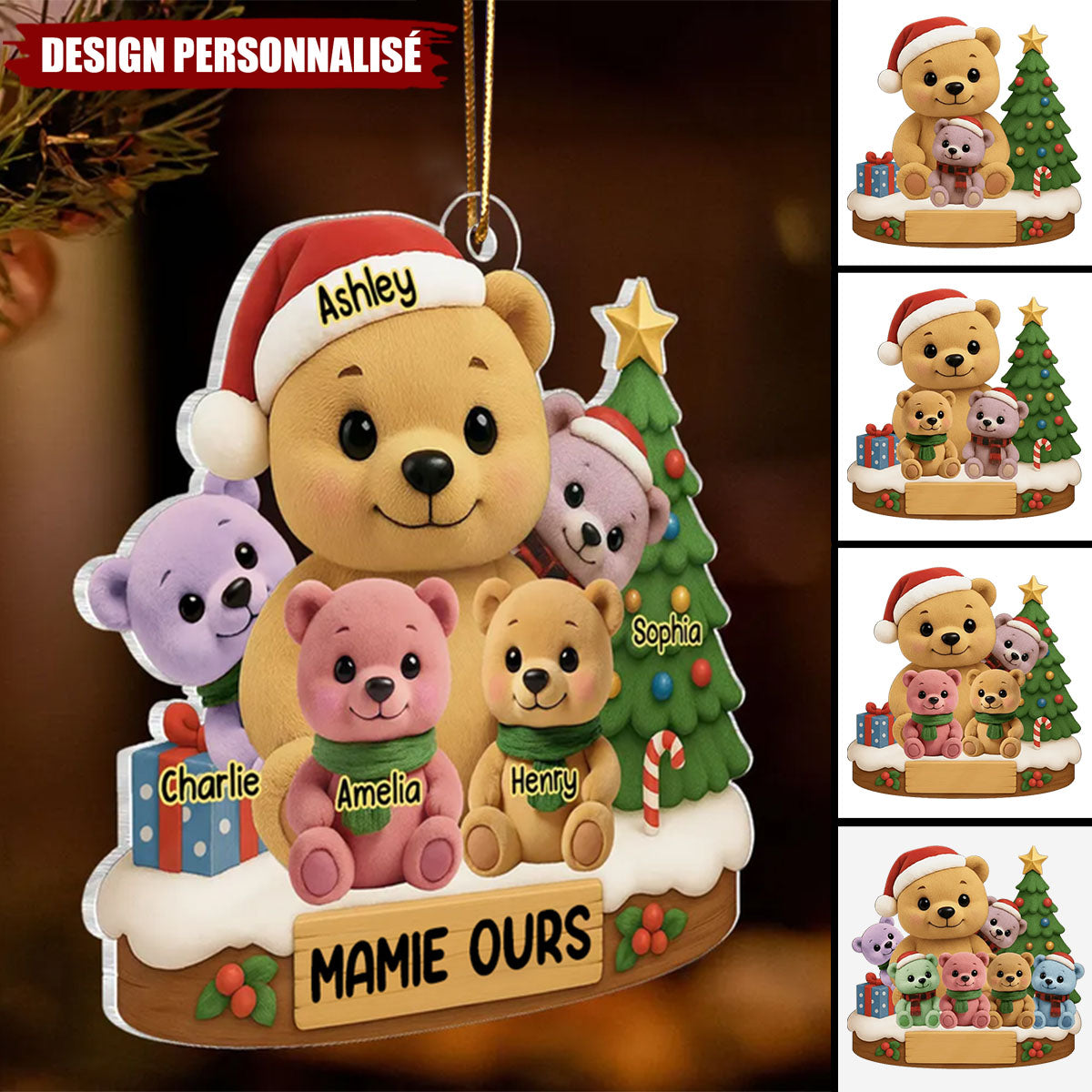 Ornement de Noël Personnalisé en Acrylique – Famille d’Ours avec Prénoms et Sapin