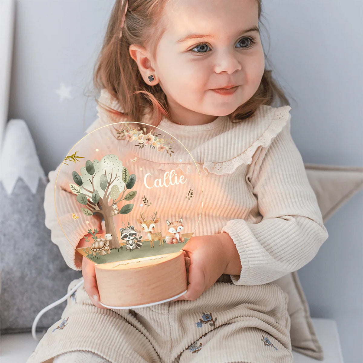 Lampe de Nuit Personnalisée avec Animaux de la Forêt – Veilleuse LED avec Nom et Date pour Enfants