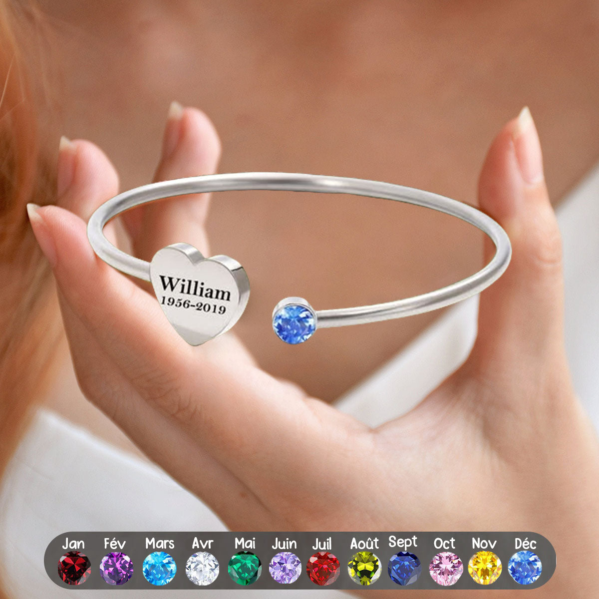 Bracelet Cœur avec Pierre de Naissance et Texte Commémoratif Personnalisé