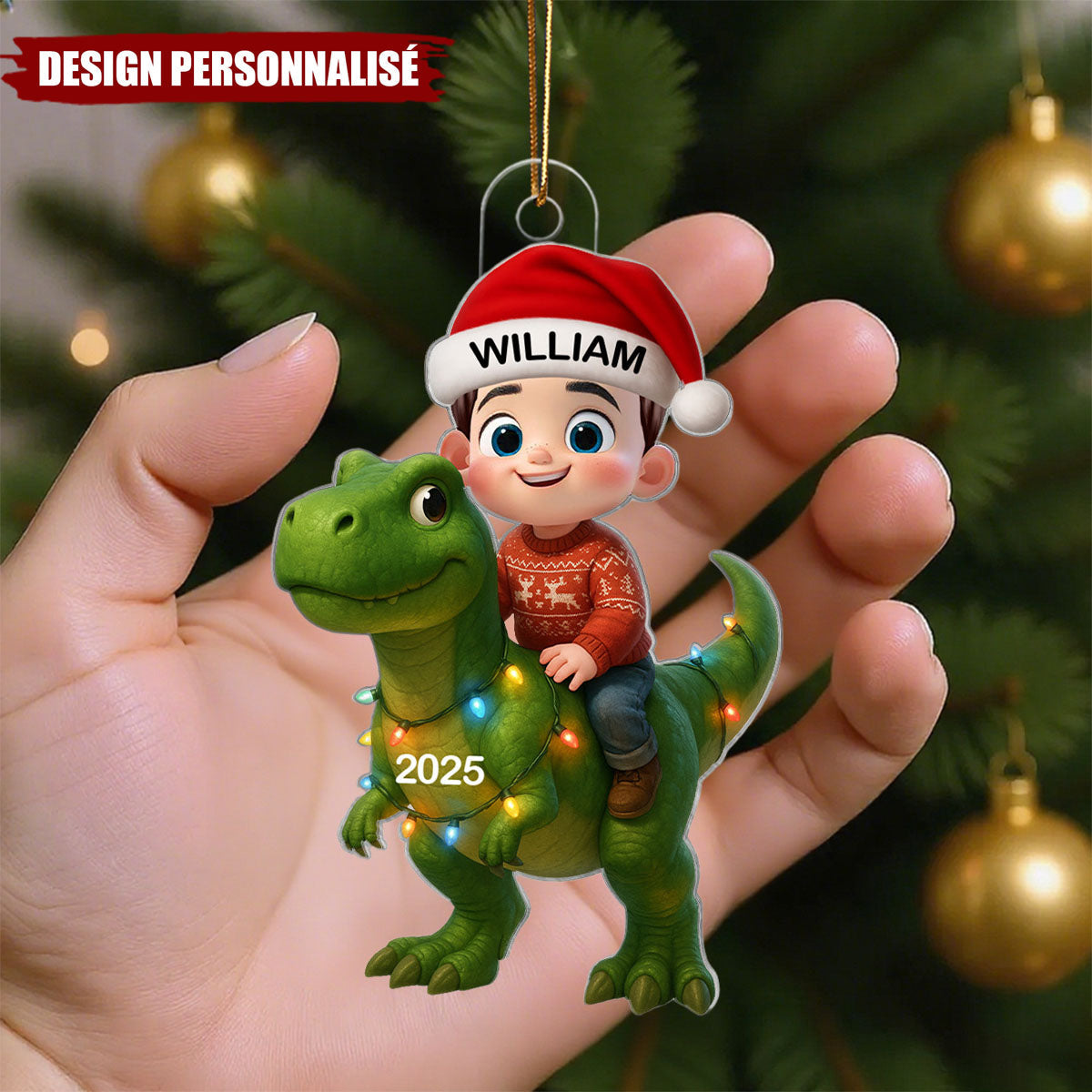 Ornement de Noël Acrylique Personnalisé – Enfants sur Dinosaure avec Prénom et Année