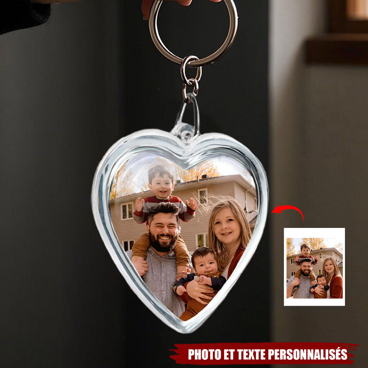 Porte-clés personnalisé en forme de cœur – Photo et texte personnalisés pour vos proches