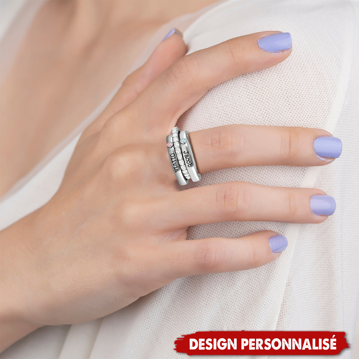 Bague Couple Personnalisée avec Noms et Pierres de Naissance