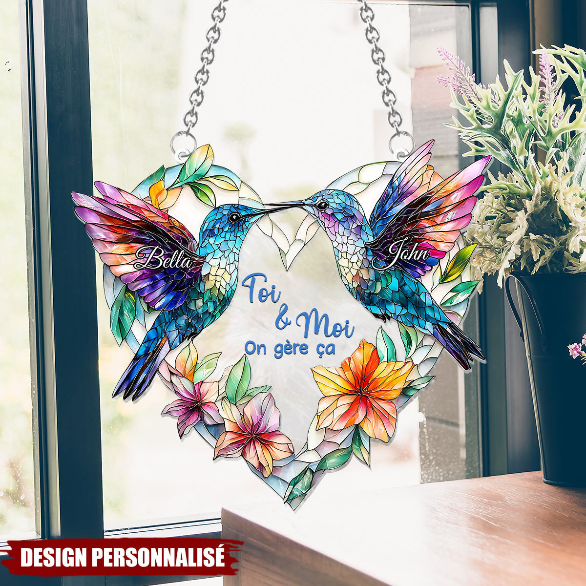Colibris en Couple – Ornement Attrape-Soleil Personnalisé à Suspendre à la Fenêtre
