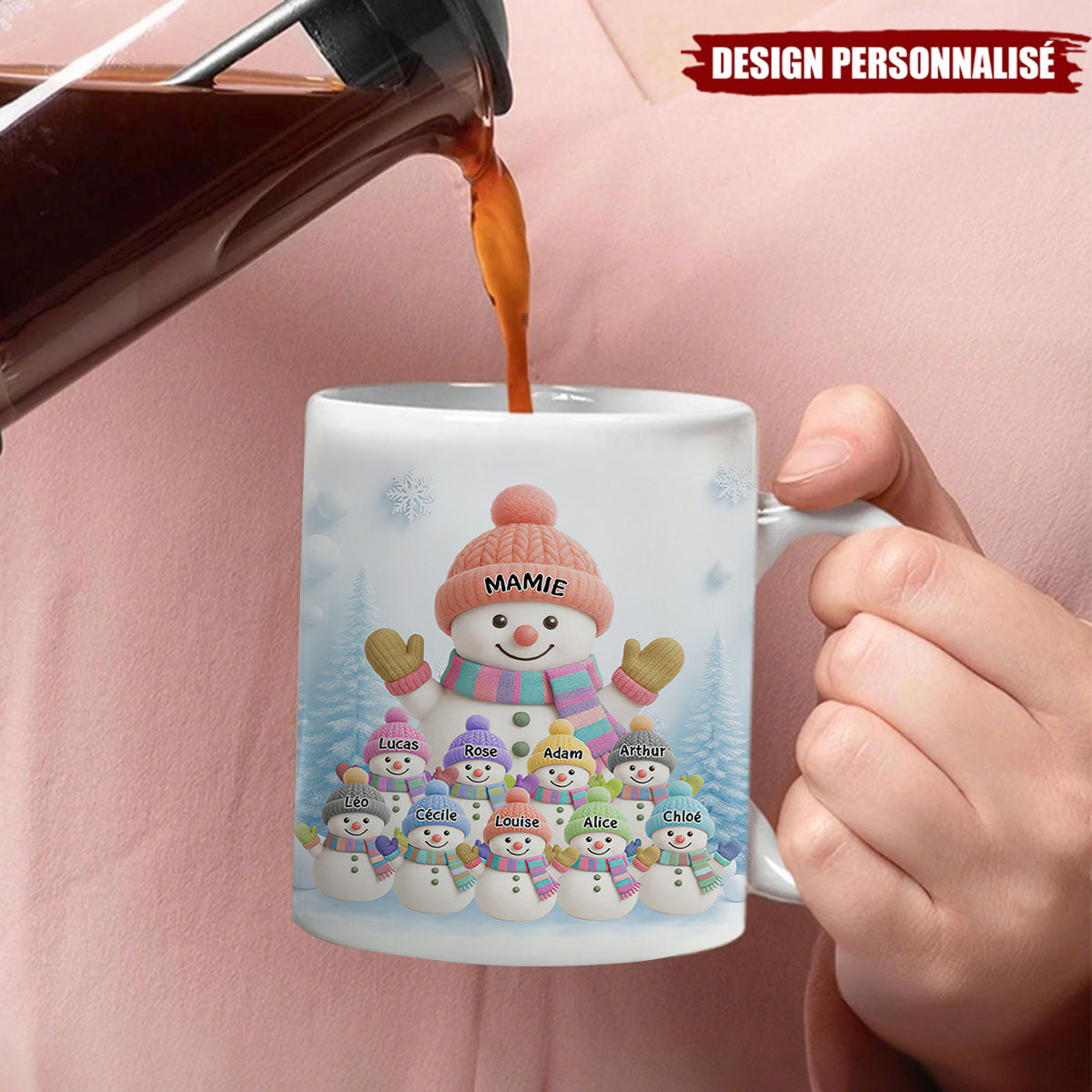 Mug Noël Personnalisé avec Prénoms – Famille de Bonshommes de Neige