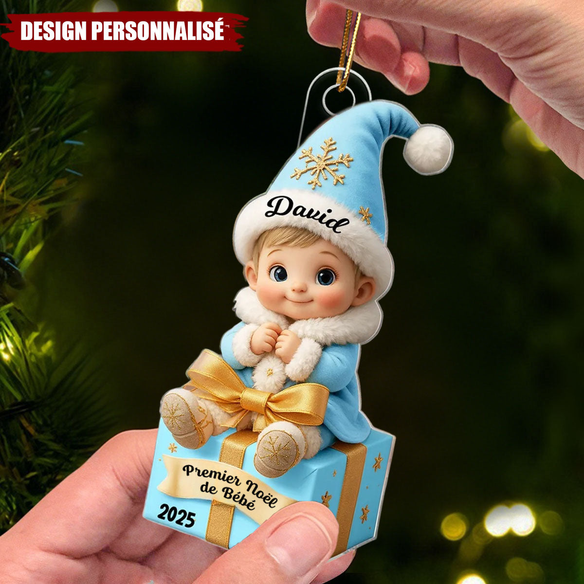 Ornement Acrylique Personnalisé – Premier Noël de Bébé avec Prénom et Date