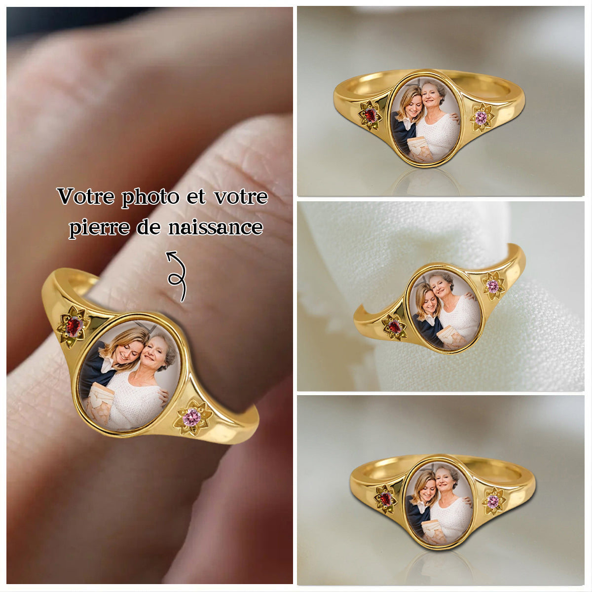 Bague personnalisée avec photo et pierre de naissance – Bijou souvenir gravé et personnalisé