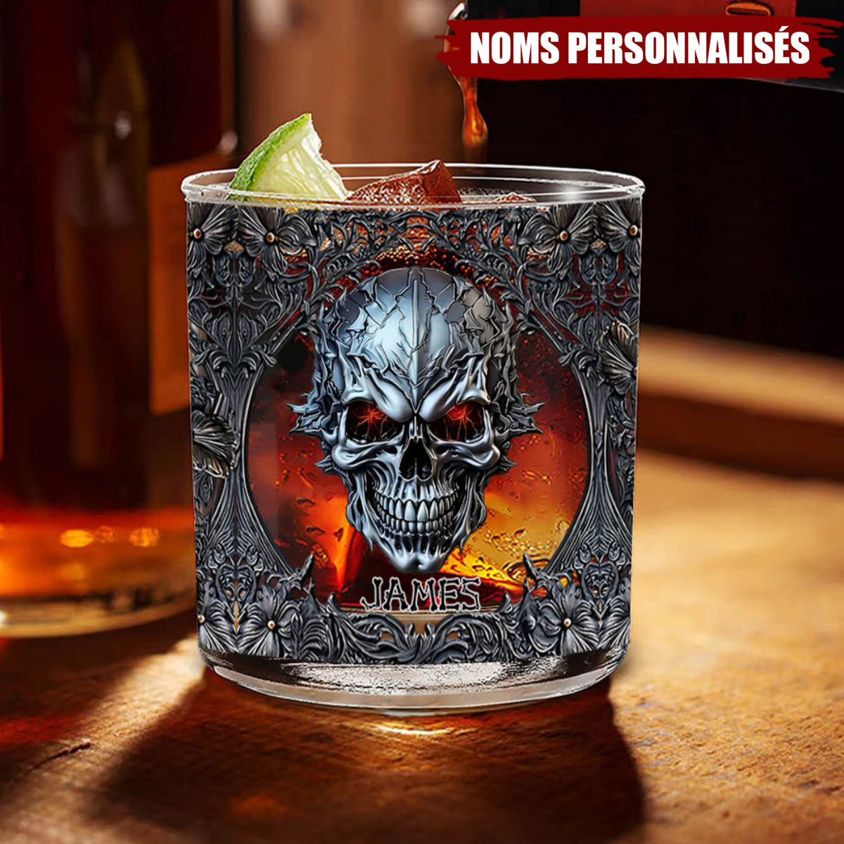 Verre à Whisky Crâne Métallique Personnalisé – Gravure de Nom
