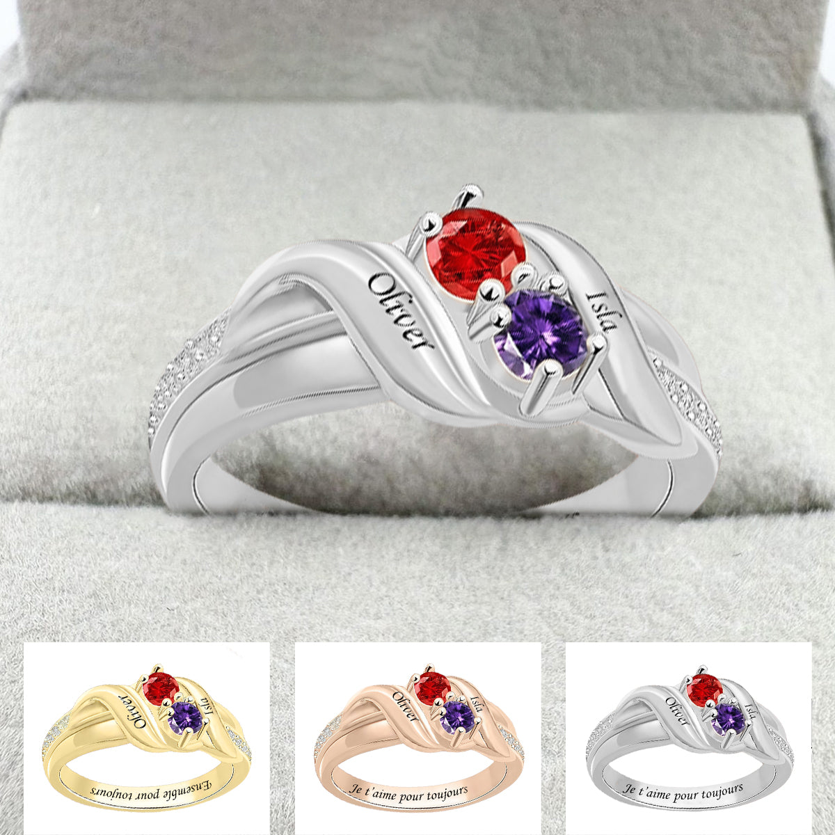 Toujours & Pour Toujours - Bague de Promesse Personnalisée avec Pierres de Naissance pour Couple