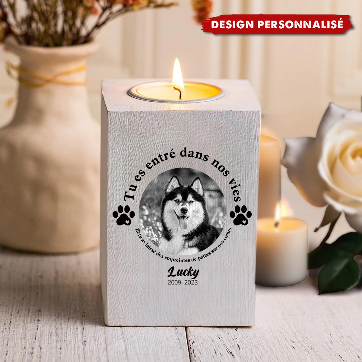 Bougeoir en Bois Personnalisé – Hommage pour Animaux de Compagnie