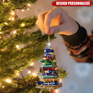 Ornement de Noël Personnalisée en Forme de Sapin de Livres - Cadeau pour Amateur de Lecture