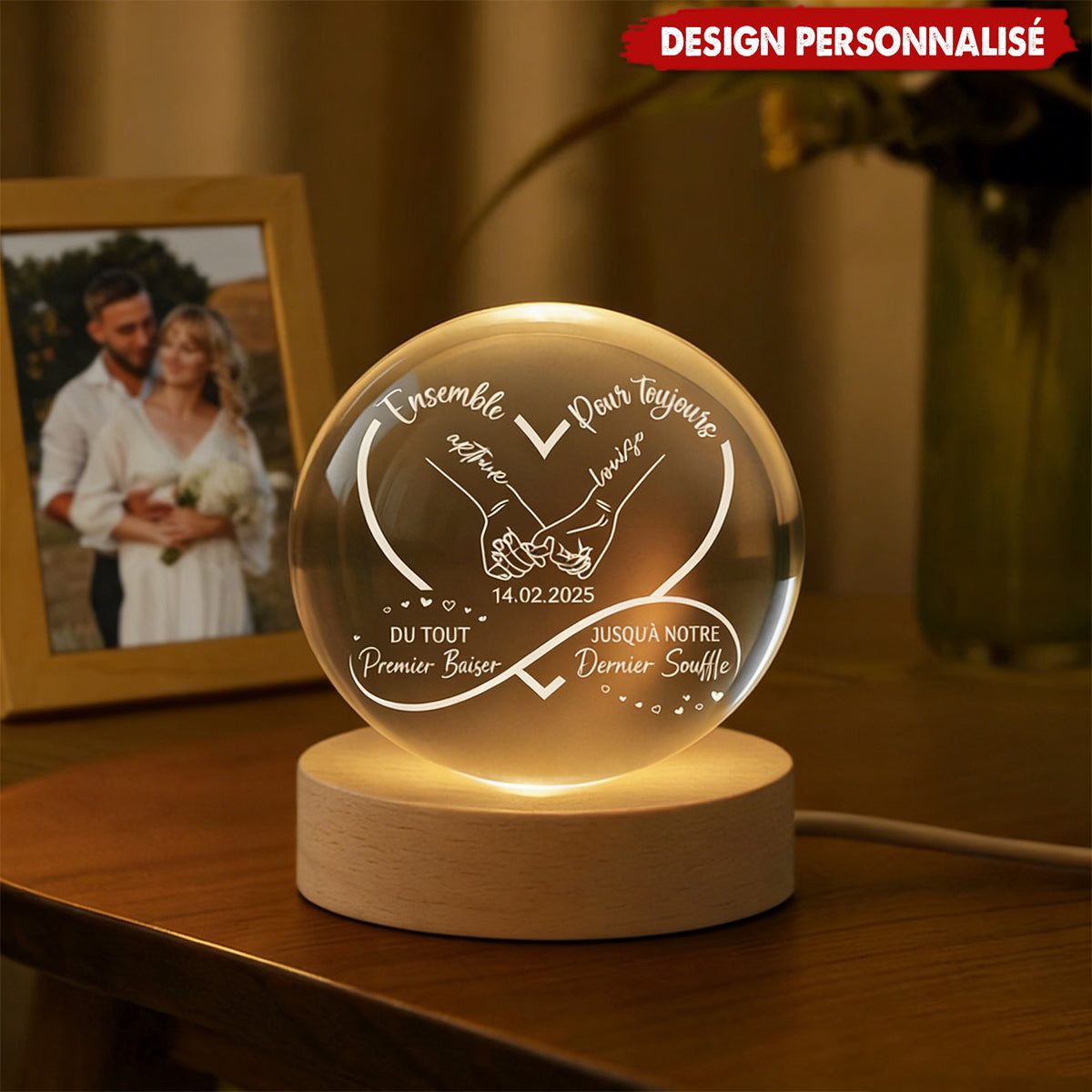 Lampe de nuit en cristal personnalisée pour couple - Cadeau d’amour inoubliable