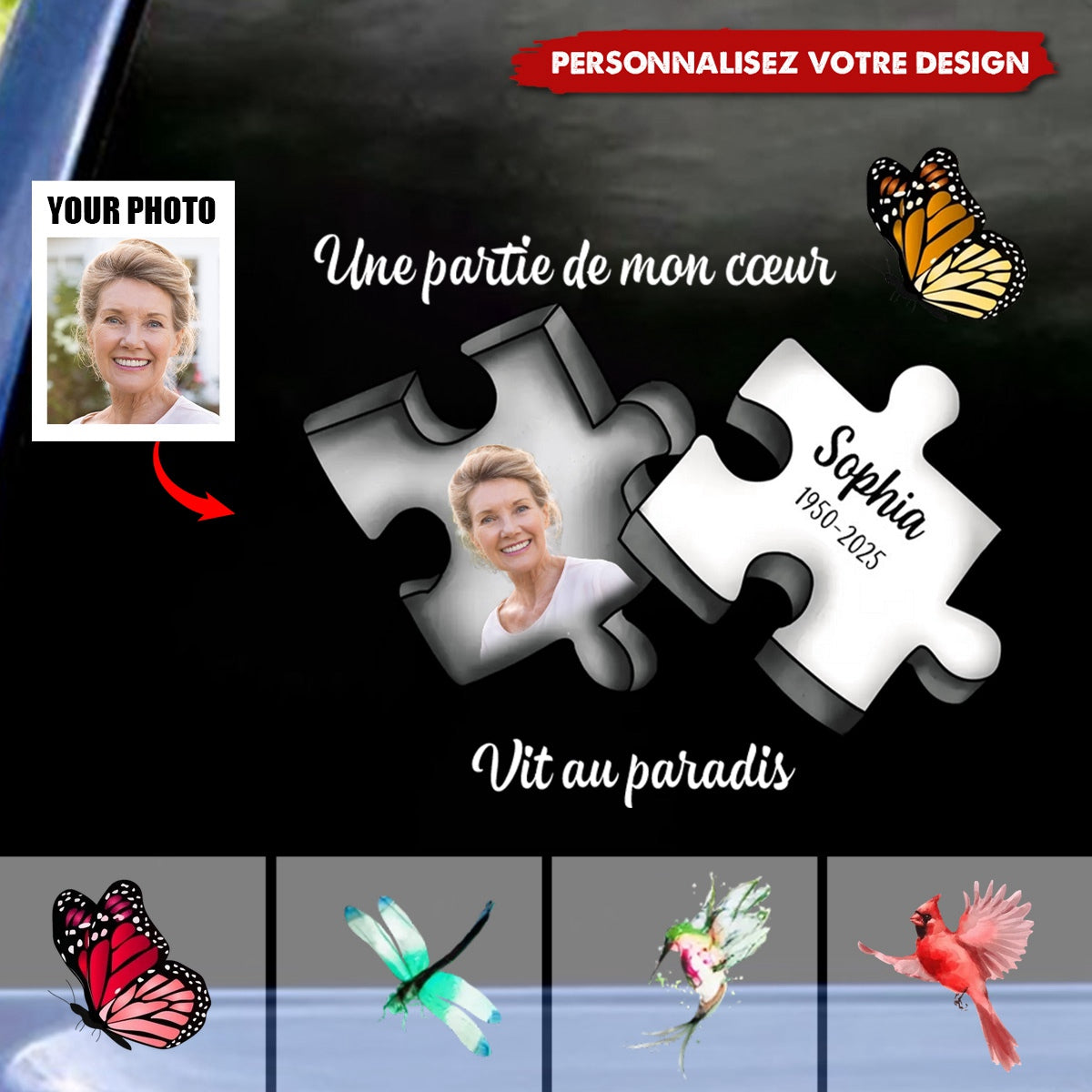 Une Partie de Mon Cœur Vit au Paradis - Autocollant Commémoratif Personnalisé en Mémoire d’un Être Cher