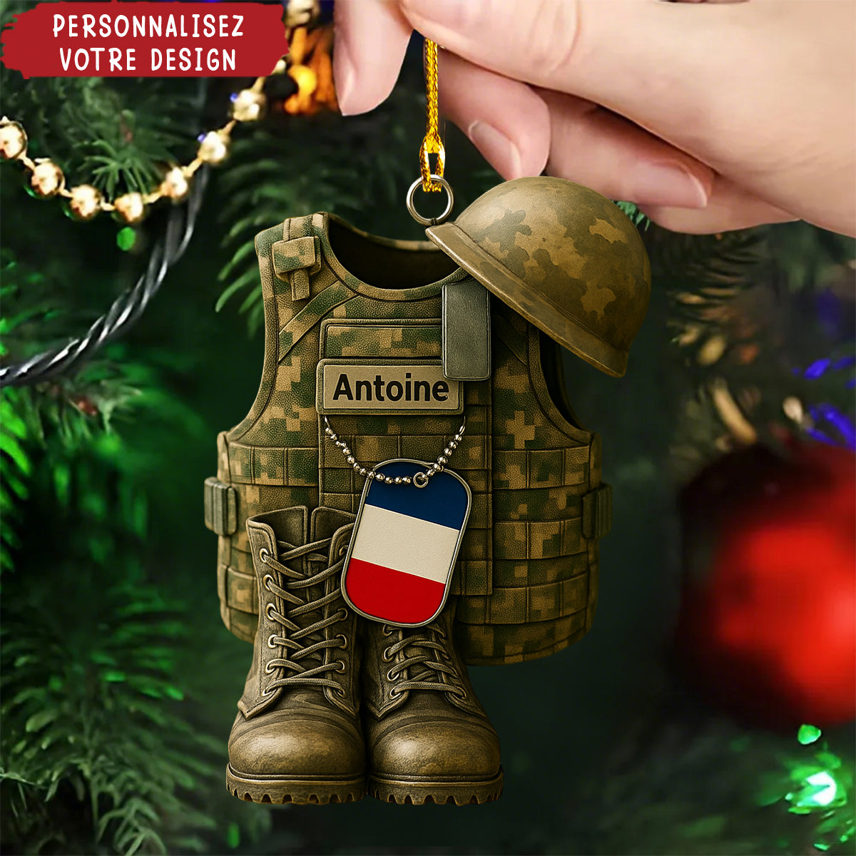 Ornement Militaire Personnalisé – Nom et Drapeau à Personnaliser