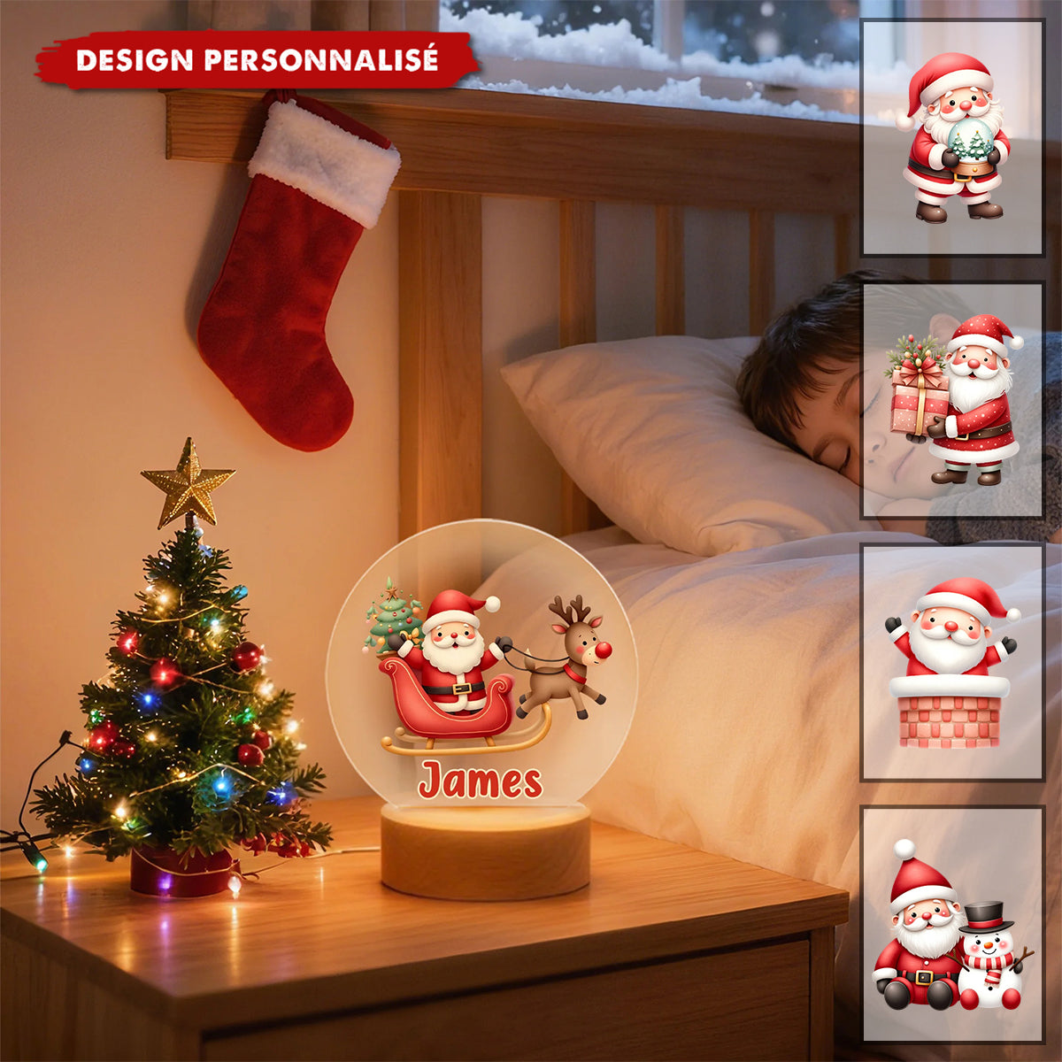Lampe LED Personnalisée – Père Noël et Cadeaux de Noël avec Prénom