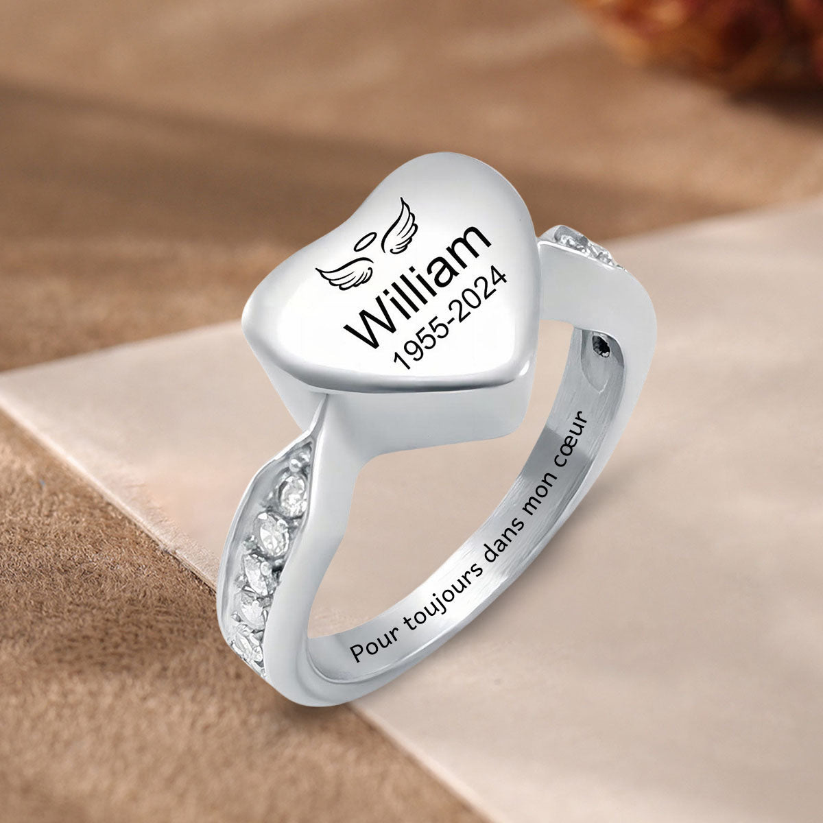 Bague commémorative en acier inoxydable personnalisée avec urne en forme de cœur