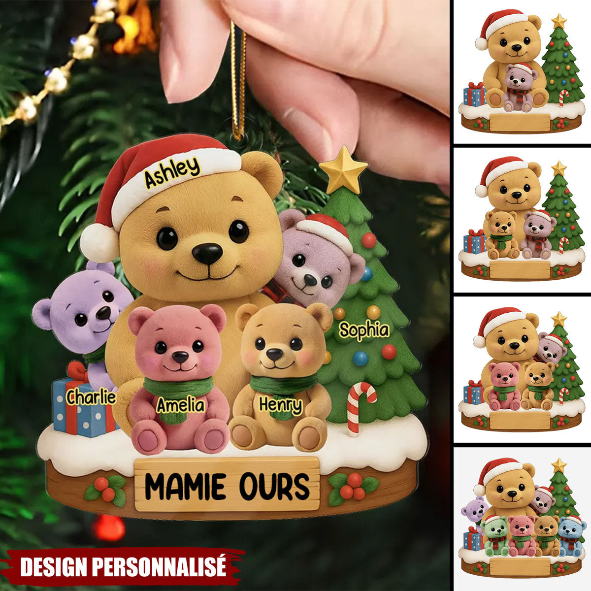 Ornement de Noël Personnalisé en Acrylique – Famille d’Ours avec Prénoms et Sapin