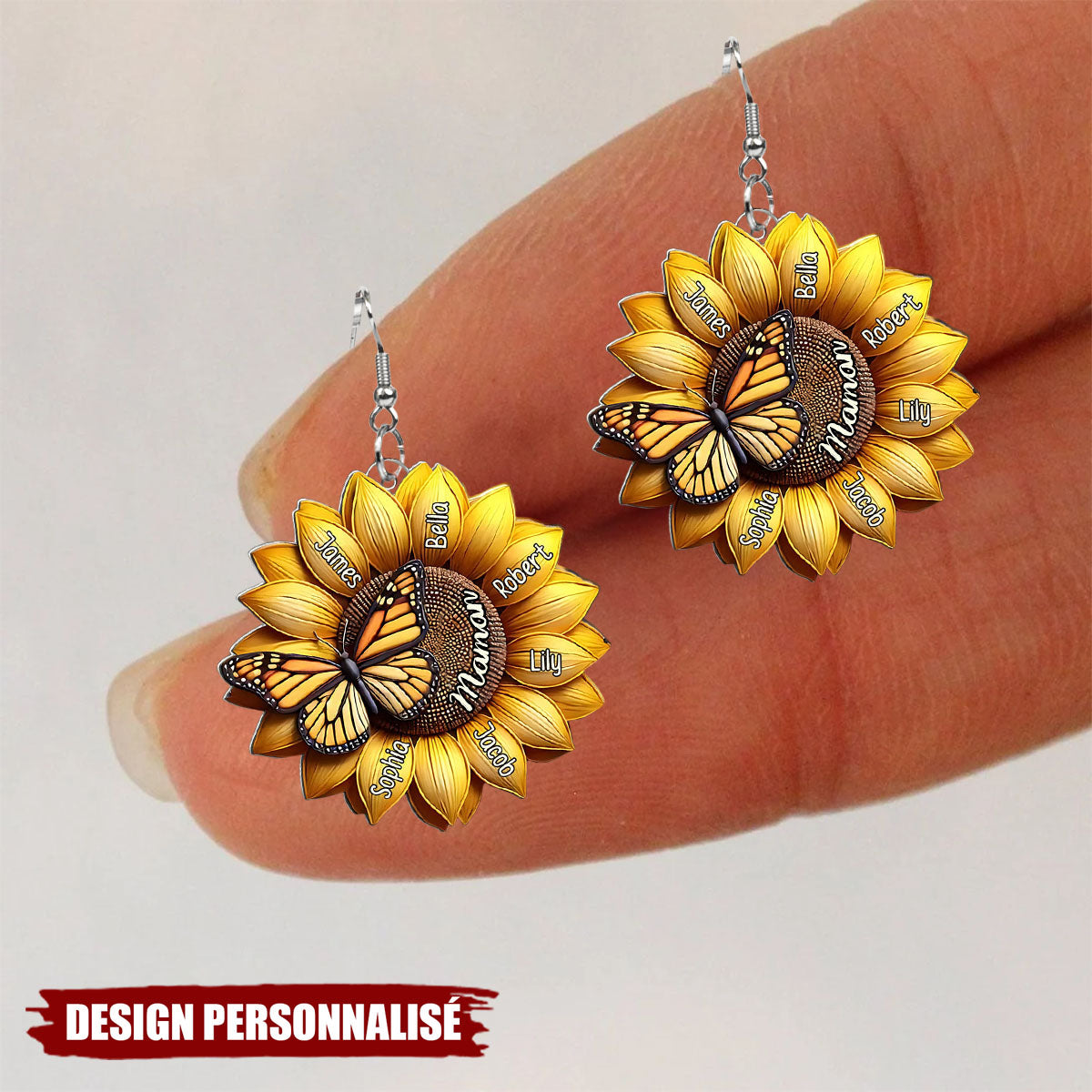 Boucles d’oreilles personnalisées Tournesol – Cadeau Unique pour Maman