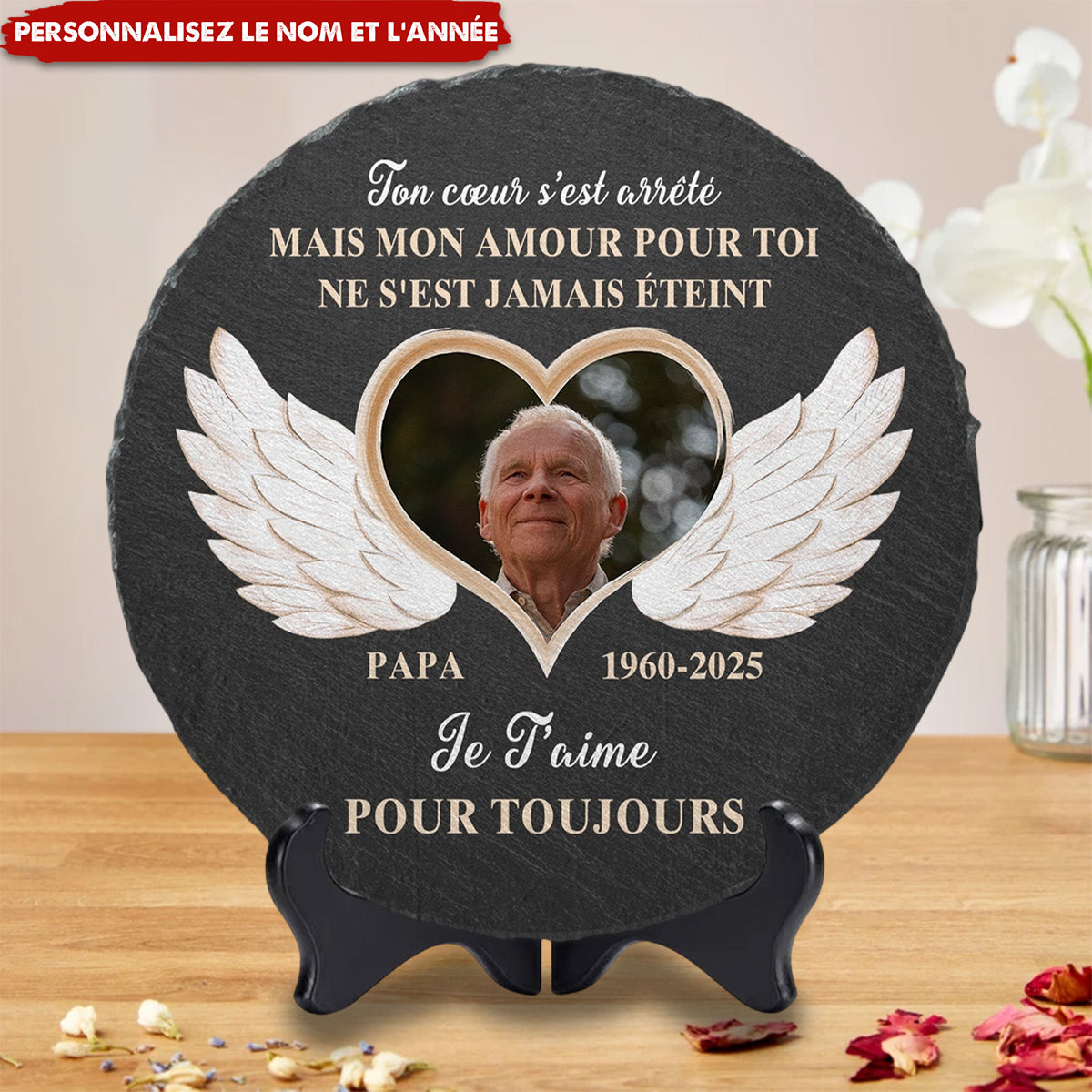 Pierre Commémorative Personnalisée avec Ailes d'Ange – Hommage Éternel à un Être Cher