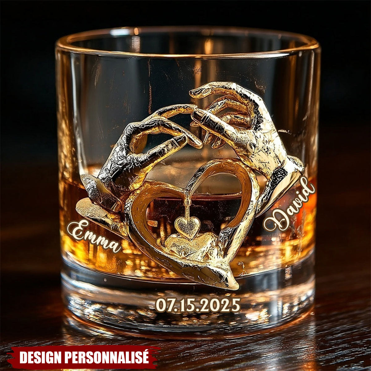 Verre à Whisky Personnalisé – Mains en Cœur & Prénoms Gravés