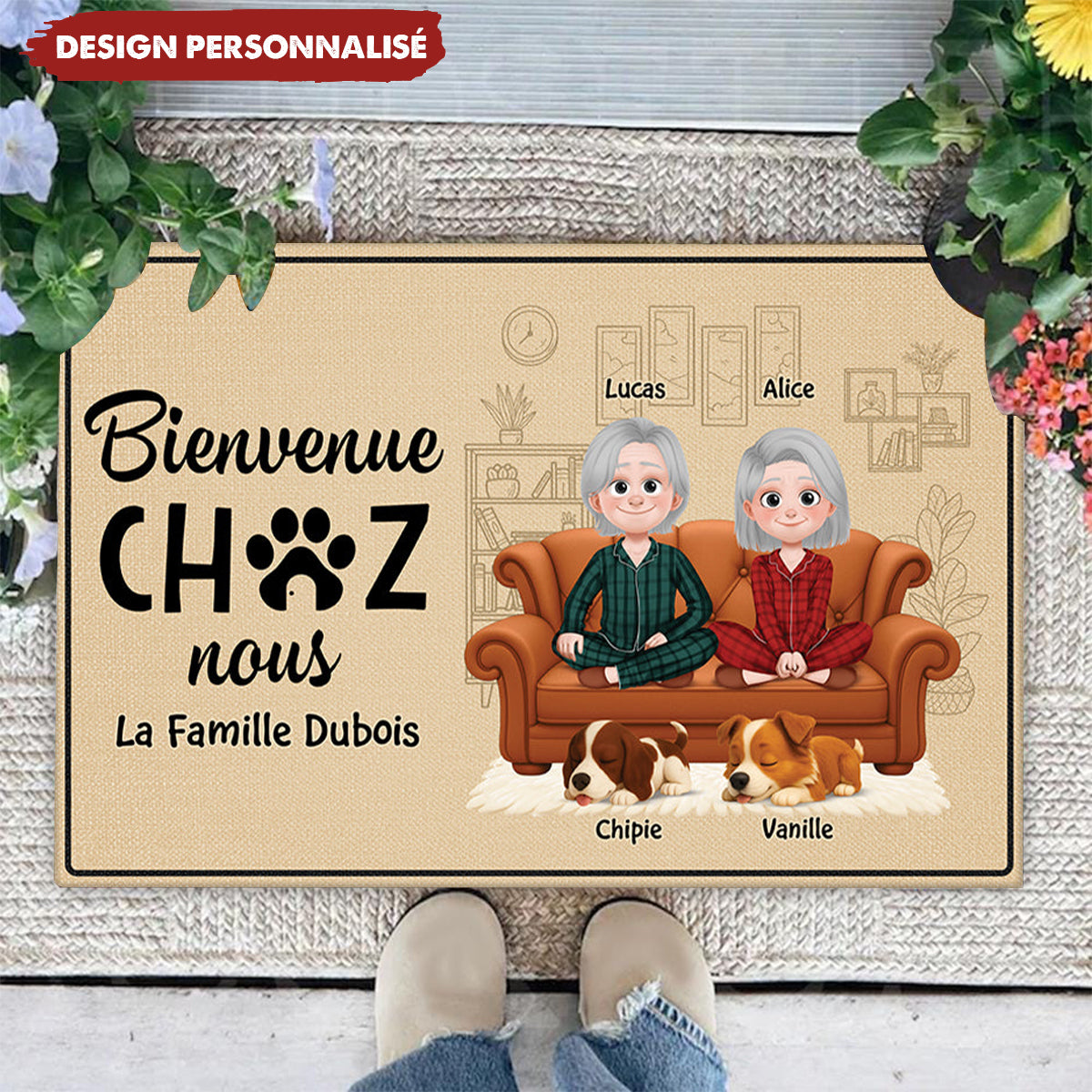 Tapis de Bienvenue Personnalisé – Famille & Animaux, Cadeau Unique pour la Maison